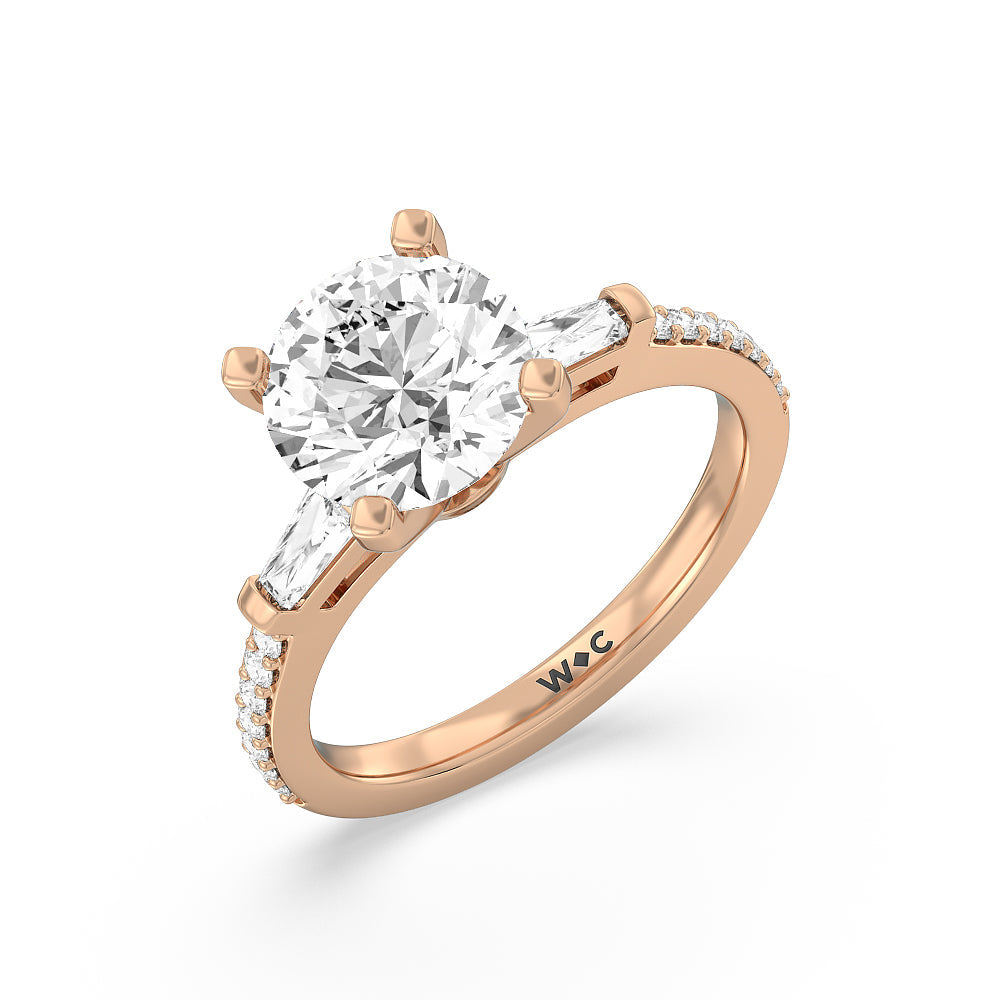 Round Cut Three Stone Tapered Baguette Diamond Engagement Ring with Lab Grown Diamond in 14KT Rose Gold view 3
