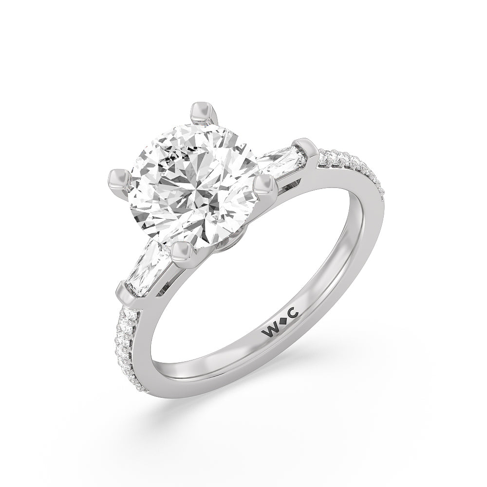 Round Cut Three Stone Tapered Baguette Diamond Engagement Ring with Lab Grown Diamond in 14KT Platinum view 3
