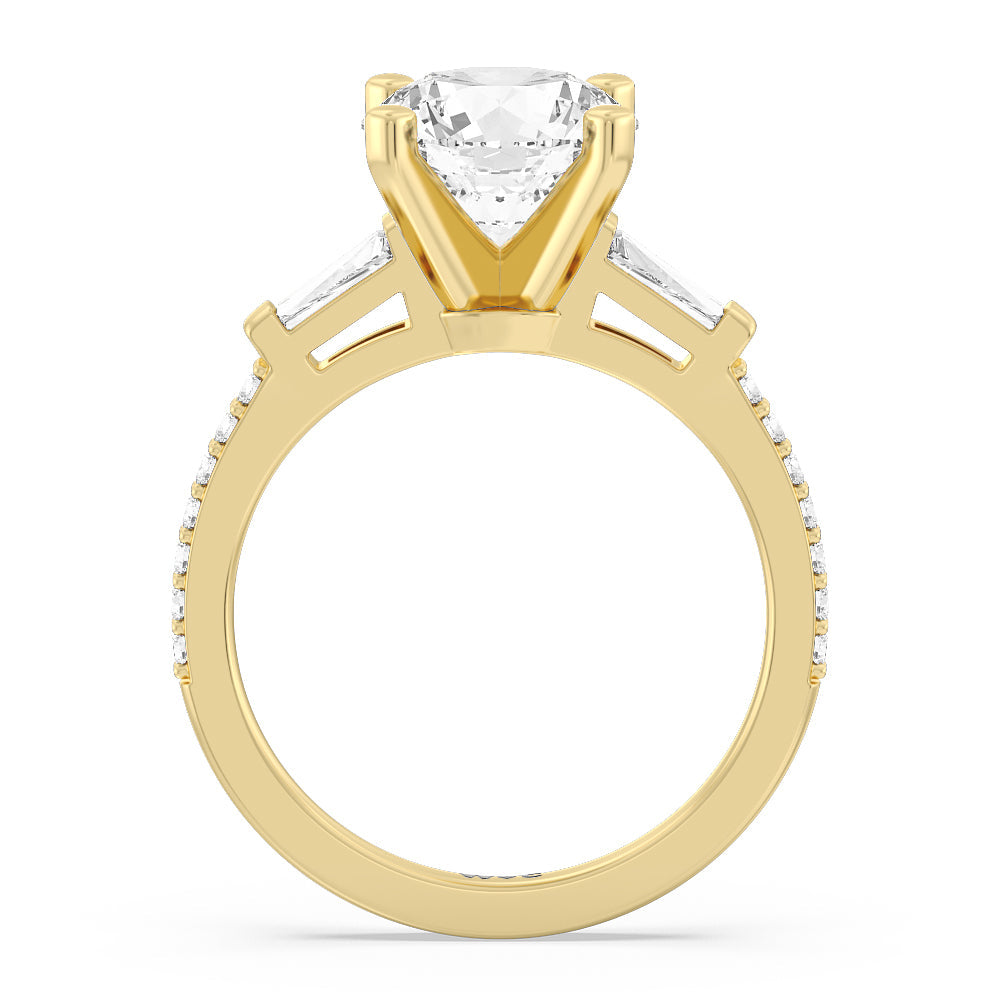 Round Cut Three Stone Tapered Baguette Diamond Engagement Ring with Lab Grown Diamond in 14KT Yellow Gold view 2
