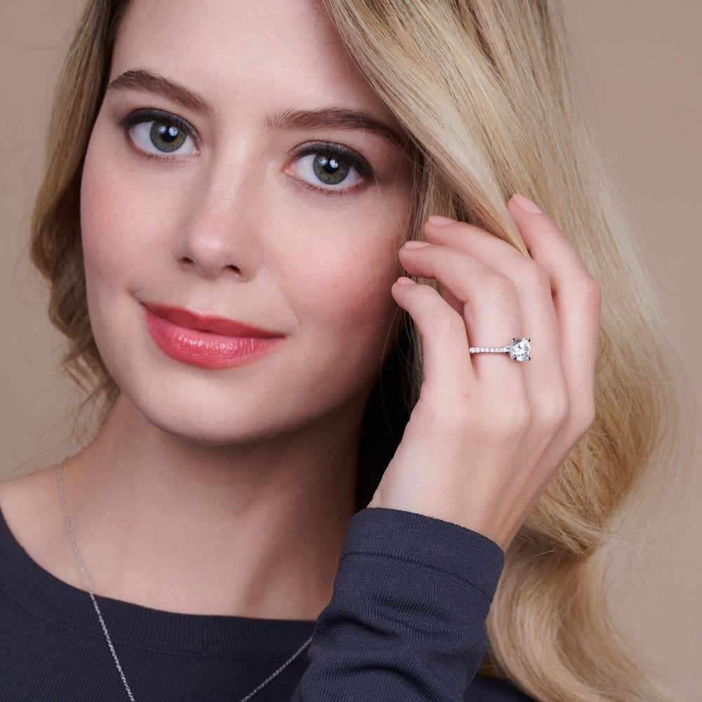 Model Wearing Tapered Pave Diamond Hidden Halo Ring with Lab Grown Diamond view