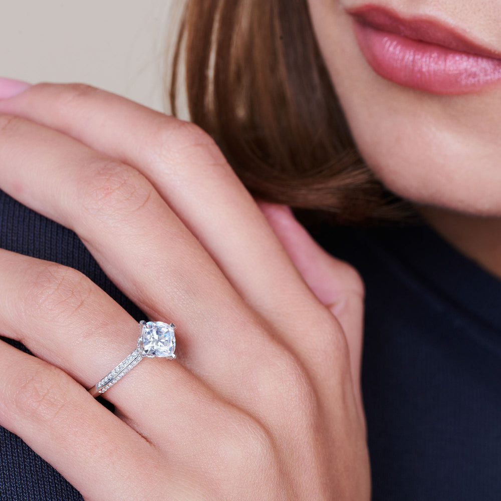 Model Wearing Pave Prong Hidden Halo Diamond Engagement Ring with Lab Grown Diamond view