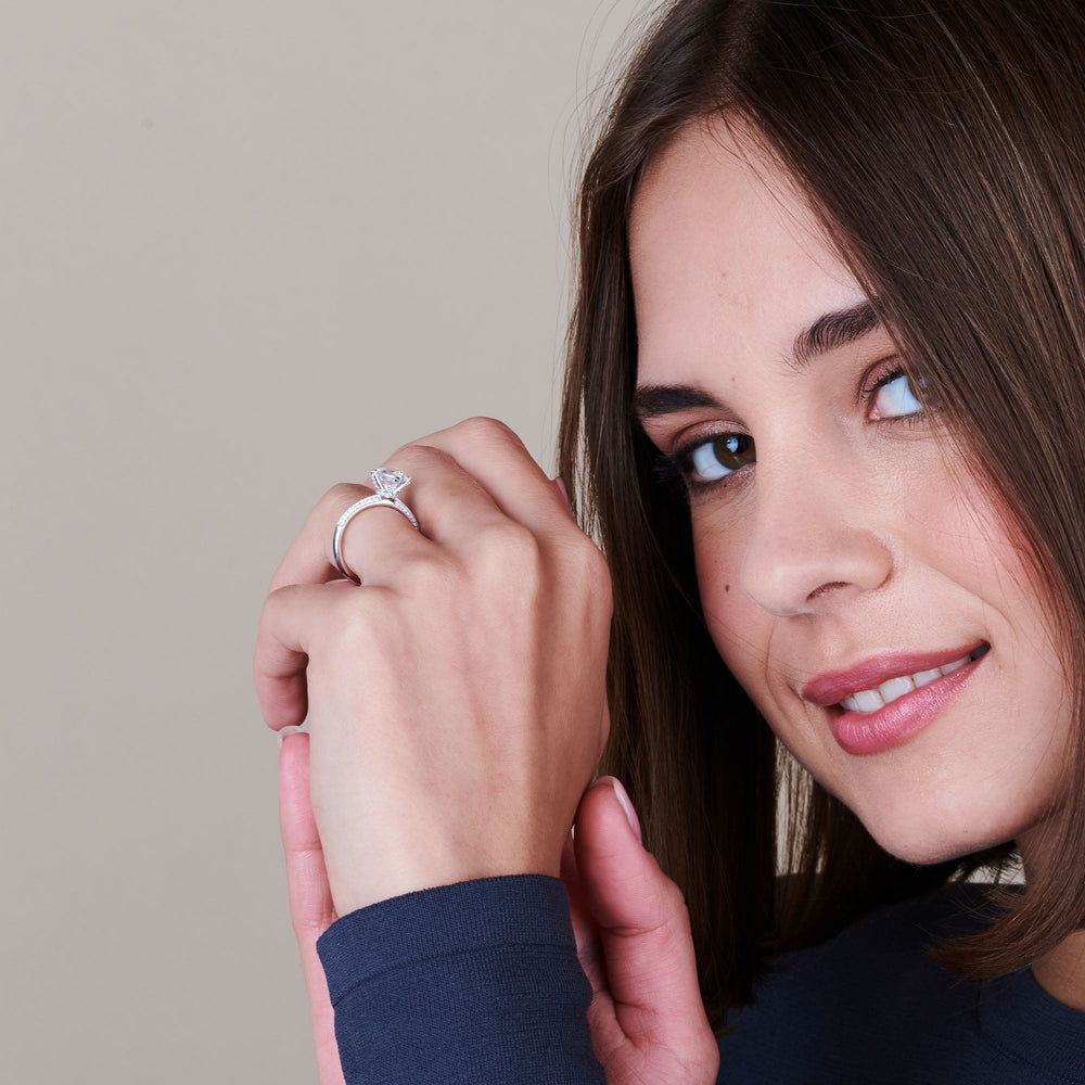 Model Wearing Pave Prong Hidden Halo Diamond Engagement Ring with Lab Grown Diamond view