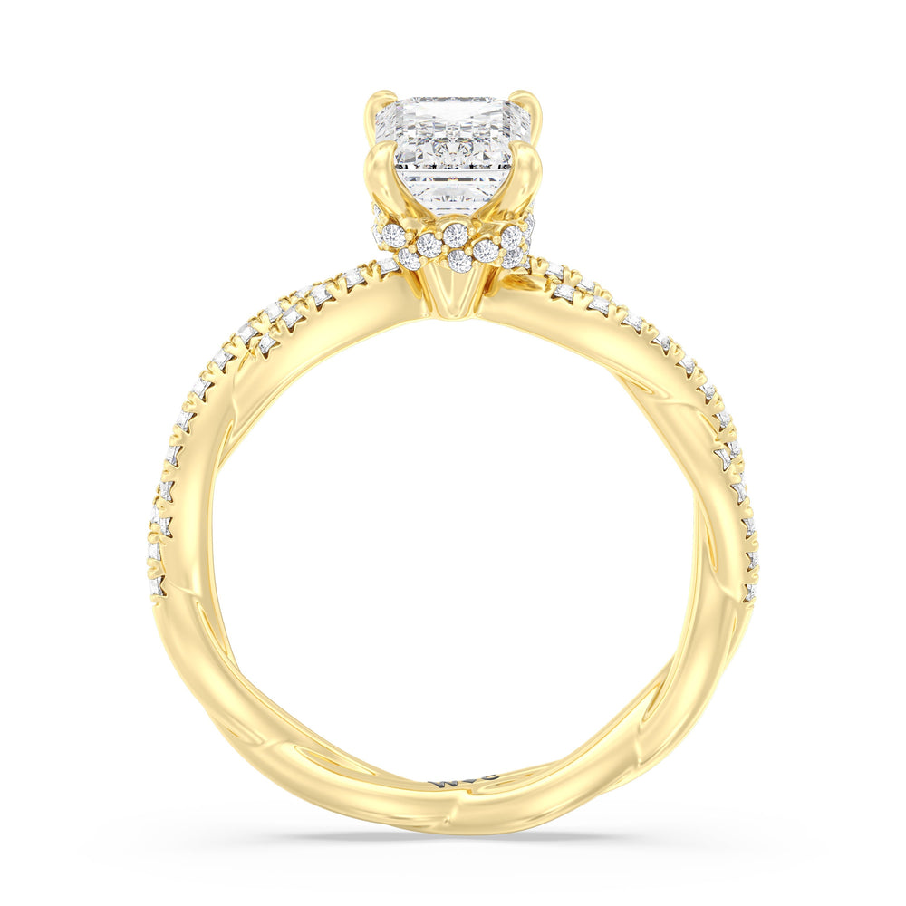 Emerald Cut Twisted Vine Hidden Halo Engagement Ring with Lab Grown Diamond in 14KT Yellow Gold view 2
