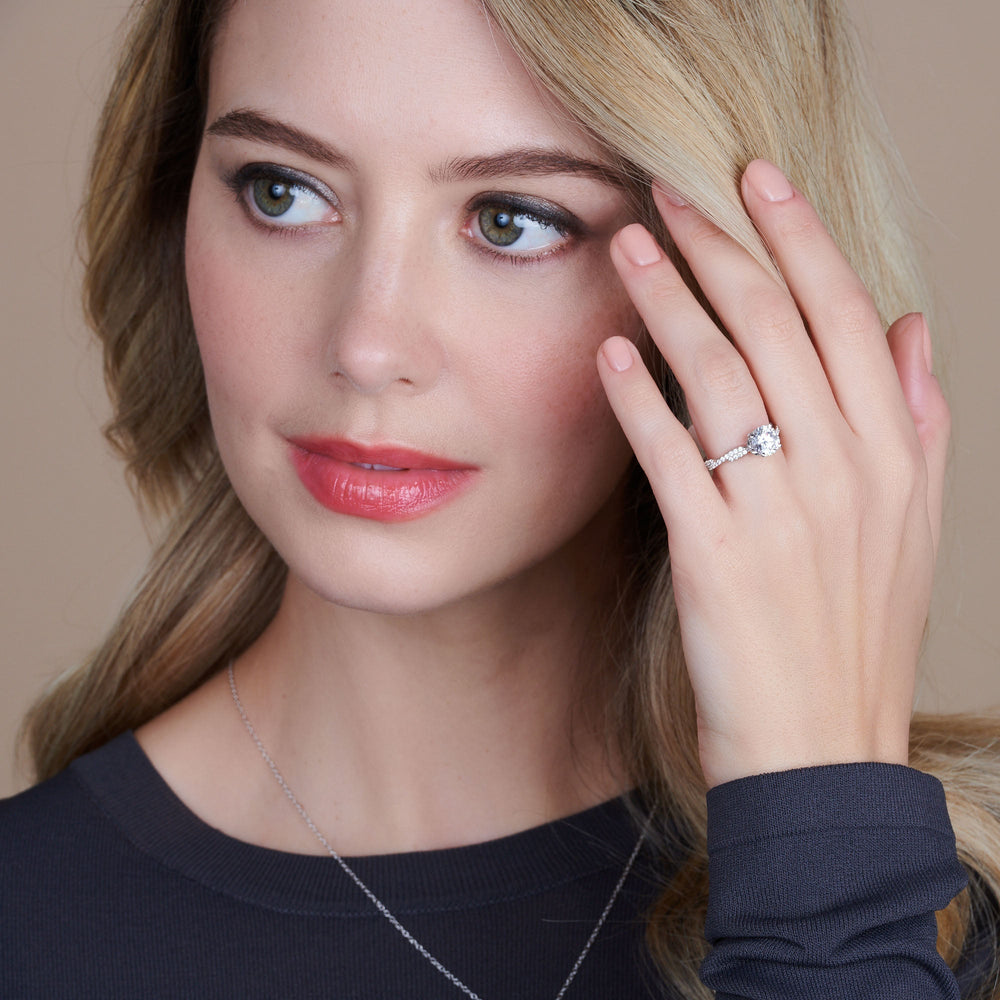 Model Wearing Twisted Vine Hidden Halo Engagement Ring with Lab Grown Diamond view