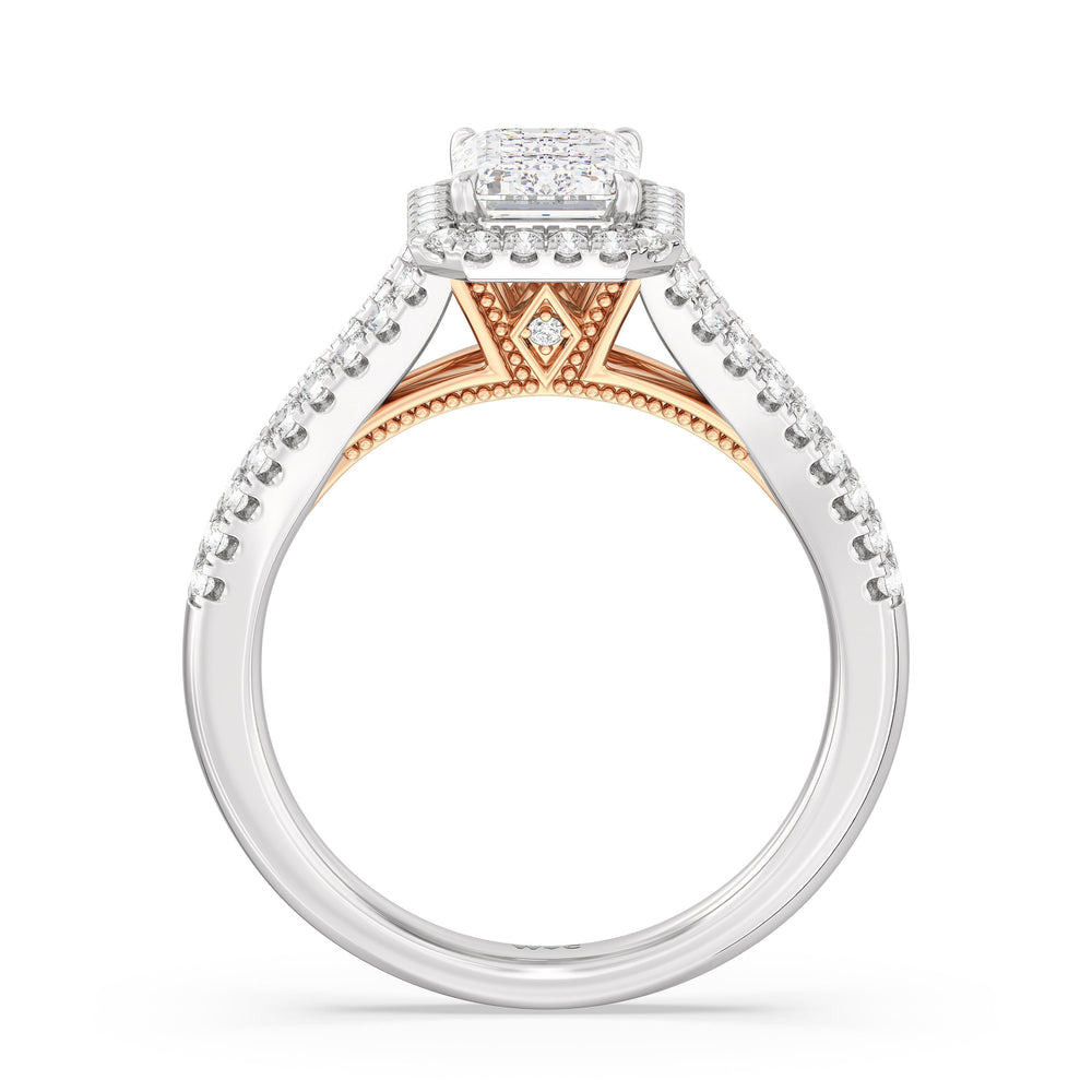 Emerald Cut Split Shank Hidden Accent Halo Engagement Ring with Lab Grown Diamond in 14KT White & Rose Gold view 2
