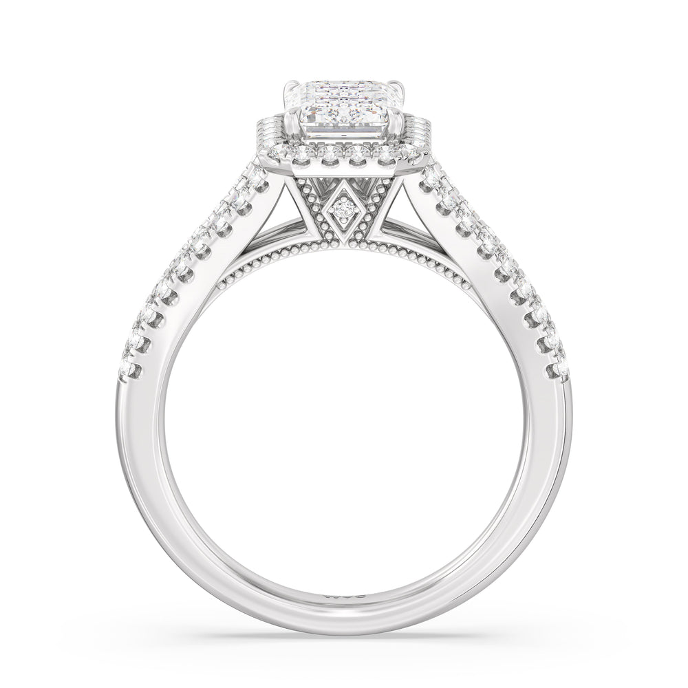 Emerald Cut Split Shank Hidden Accent Halo Engagement Ring with Lab Grown Diamond in 14KT Platinum view 2

