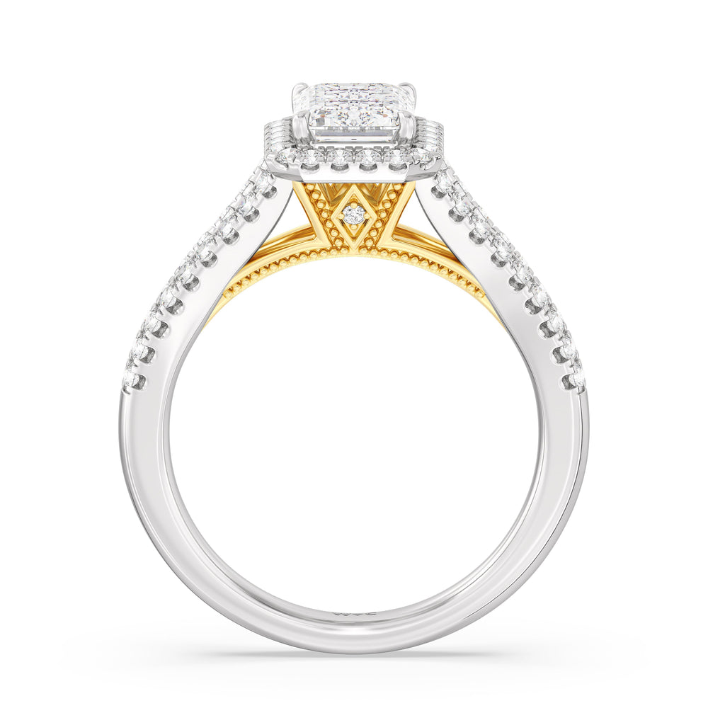 Emerald Cut Split Shank Hidden Accent Halo Engagement Ring with Lab Grown Diamond in 14KT White & Yellow Gold view 2
