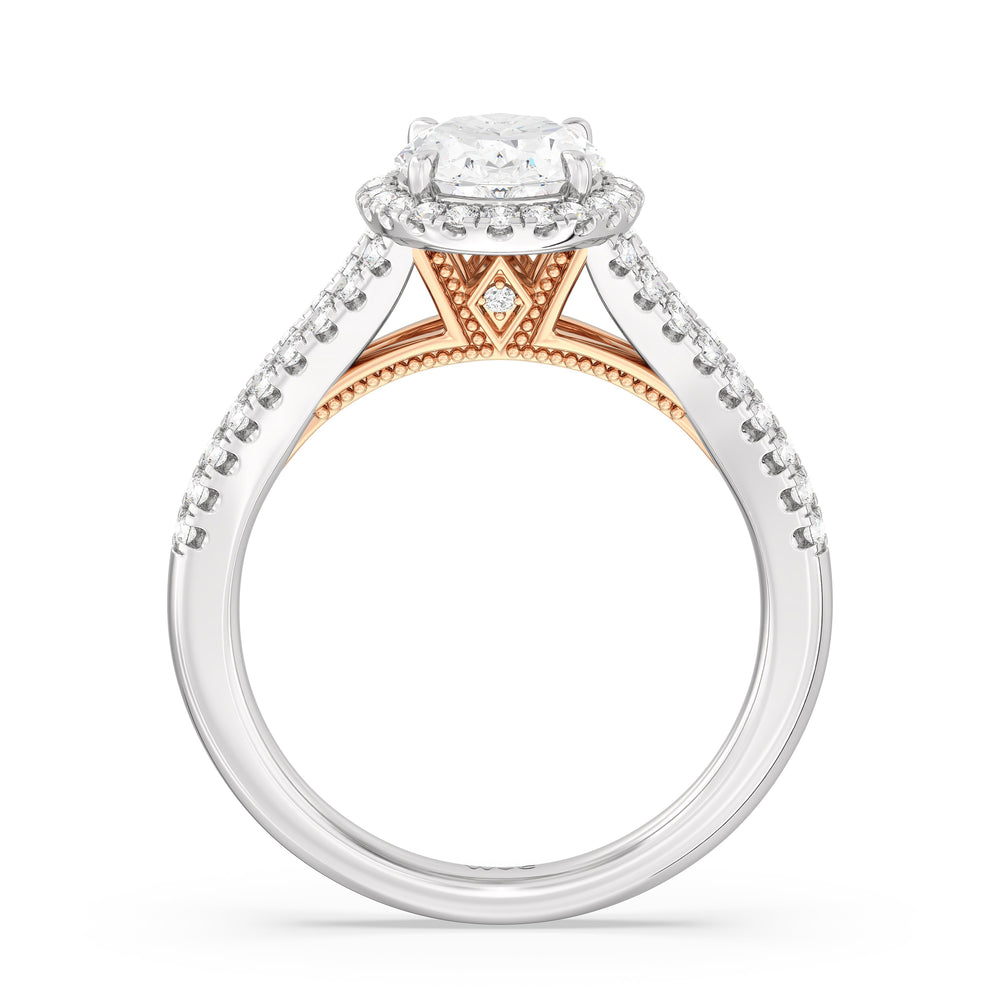 Oval Cut Split Shank Hidden Accent Halo Engagement Ring with Lab Grown Diamond in 14KT White & Rose Gold view 2
