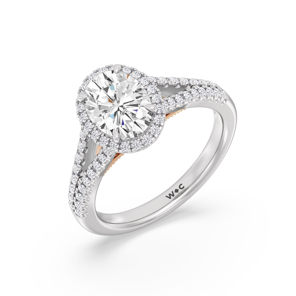 Oval Cut Split Shank Hidden Accent Halo Engagement Ring with Lab Grown Diamond in 14KT White & Rose Gold view 3
