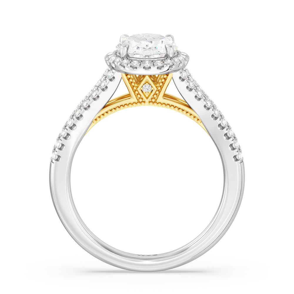 Oval Cut Split Shank Hidden Accent Halo Engagement Ring with Lab Grown Diamond in 14KT White & Yellow Gold view 2
