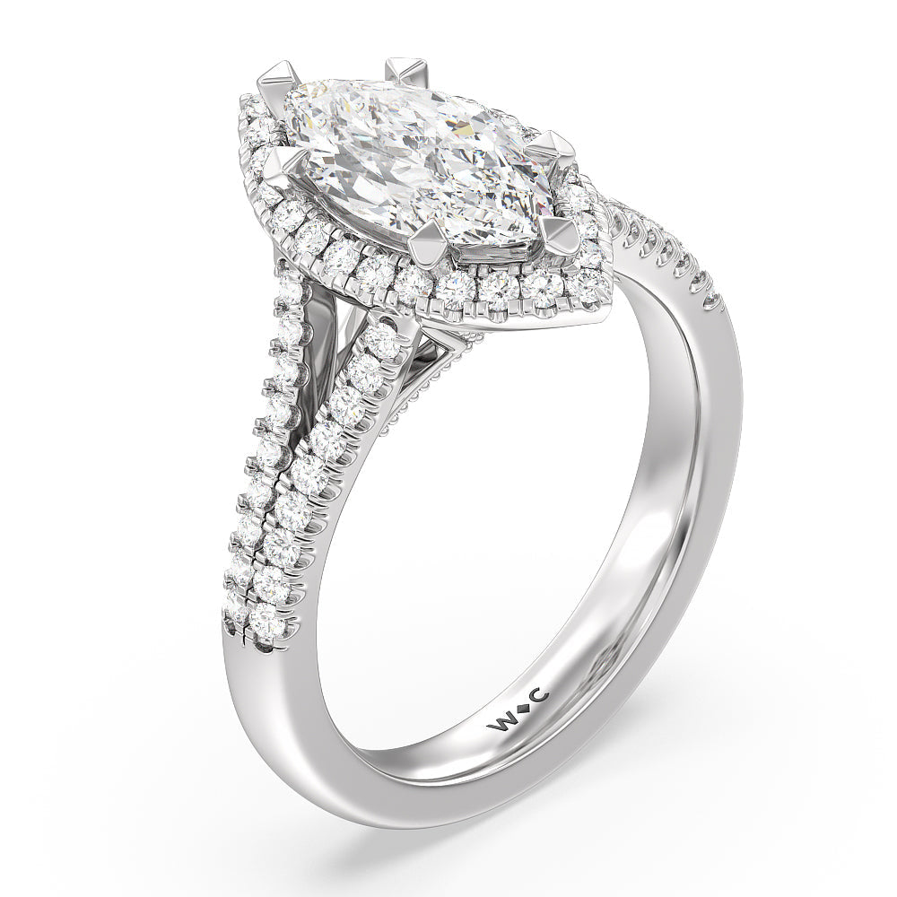 Marquise Cut Split Shank Hidden Accent Halo Engagement Ring with Lab Grown Diamond in 14KT Platinum view 3
