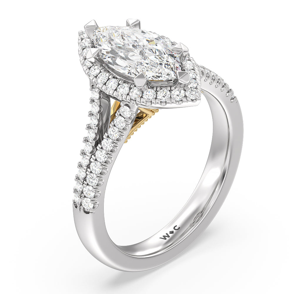 Marquise Cut Split Shank Hidden Accent Halo Engagement Ring with Lab Grown Diamond in 14KT White & Yellow Gold view 3

