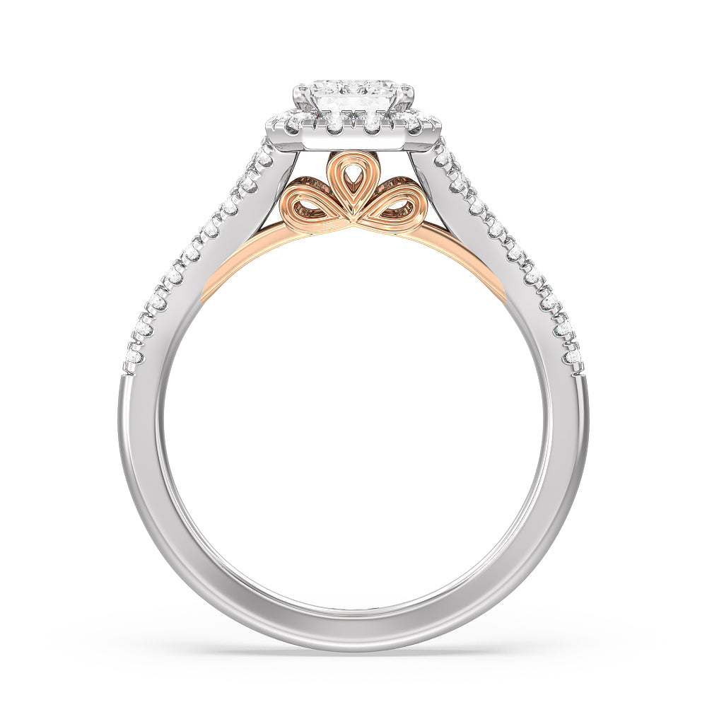 Emerald Cut Split Shank Cathedral Halo Engagement Ring with Lab Grown Diamond in 14KT White & Rose Gold view 2
