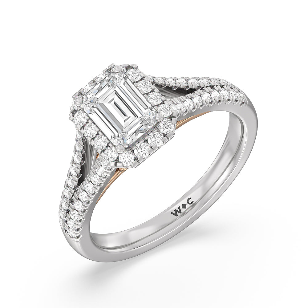 Emerald Cut Split Shank Cathedral Halo Engagement Ring with Lab Grown Diamond in 14KT White & Rose Gold view 3

