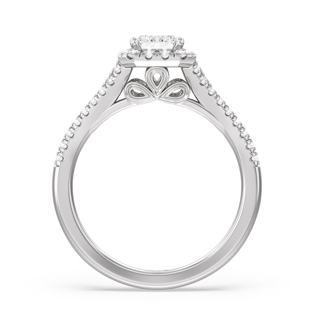 Emerald Cut Split Shank Cathedral Halo Engagement Ring with Lab Grown Diamond in 14KT Platinum view 2
