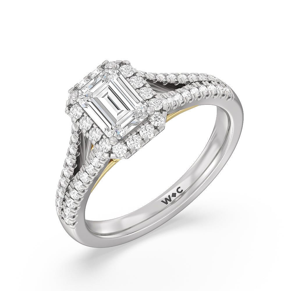 Emerald Cut Split Shank Cathedral Halo Engagement Ring with Lab Grown Diamond in 14KT White & Yellow Gold view 3

