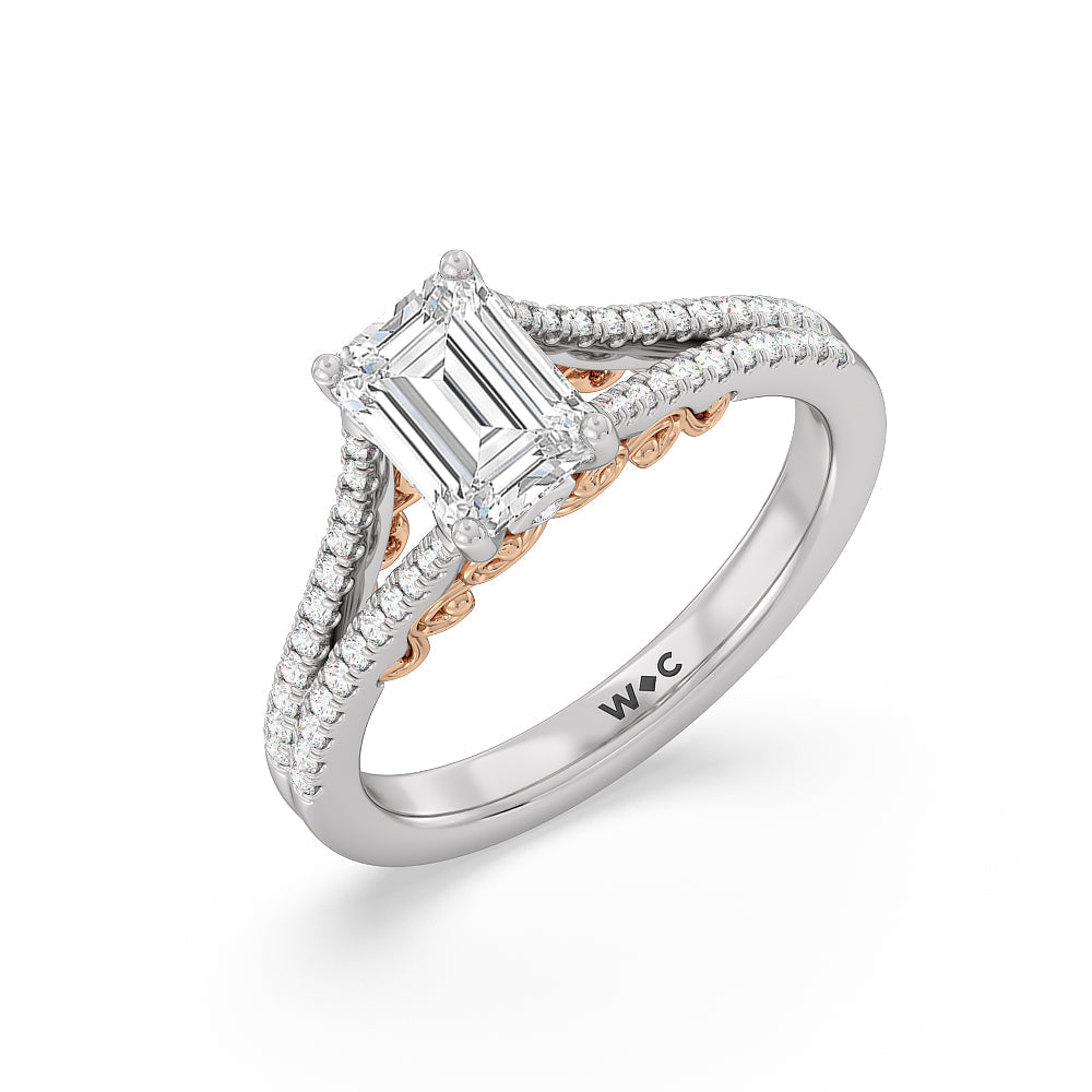 Emerald Cut Split Shank Hidden Accent Engagement Ring with Lab Grown Diamond in 14KT White & Rose Gold view 3
