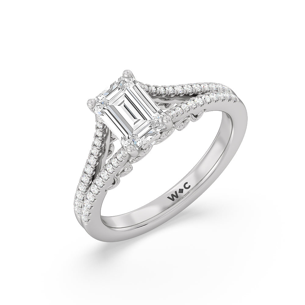 Emerald Cut Split Shank Hidden Accent Engagement Ring with Lab Grown Diamond in 14KT Platinum view 3
