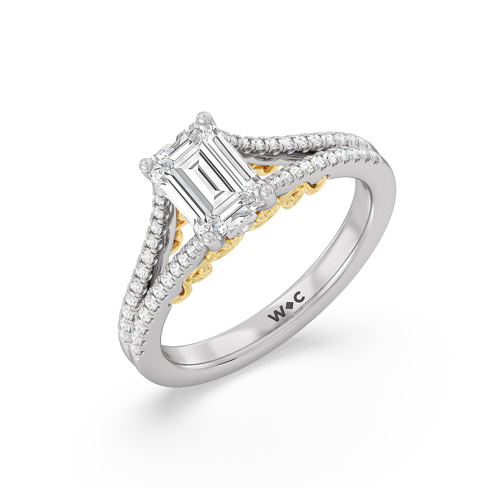 Emerald Cut Split Shank Hidden Accent Engagement Ring with Lab Grown Diamond in 14KT White & Yellow Gold view 3
