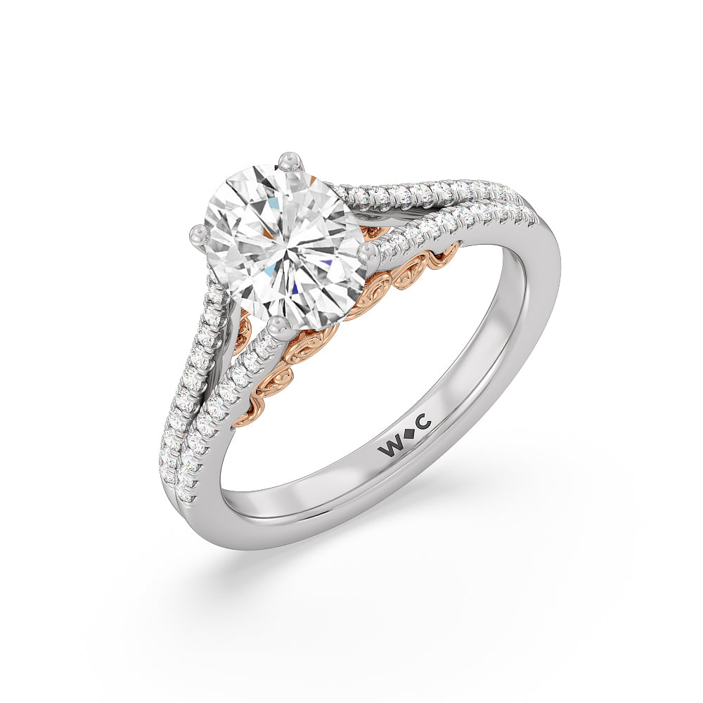 Oval Cut Split Shank Hidden Accent Engagement Ring with Lab Grown Diamond in 14KT White & Rose Gold view 3
