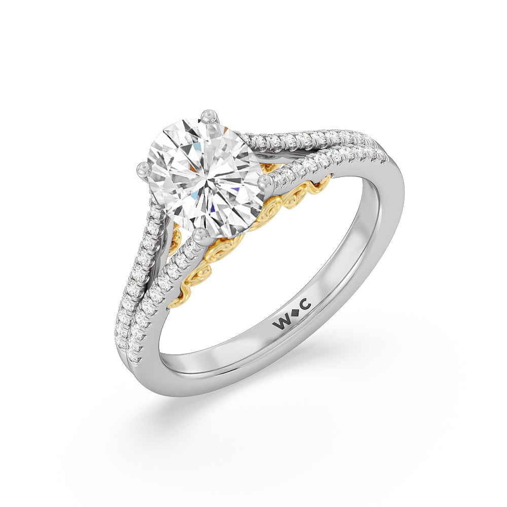 Oval Cut Split Shank Hidden Accent Engagement Ring with Lab Grown Diamond in 14KT White & Yellow Gold view 3
