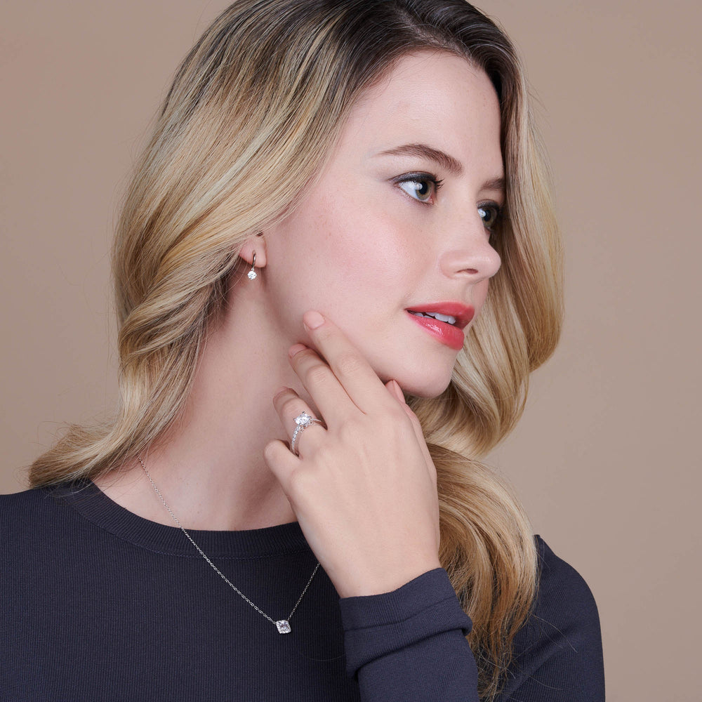 Model Wearing Milgrain Hidden Accent Engagement Ring with Lab Grown Diamond view