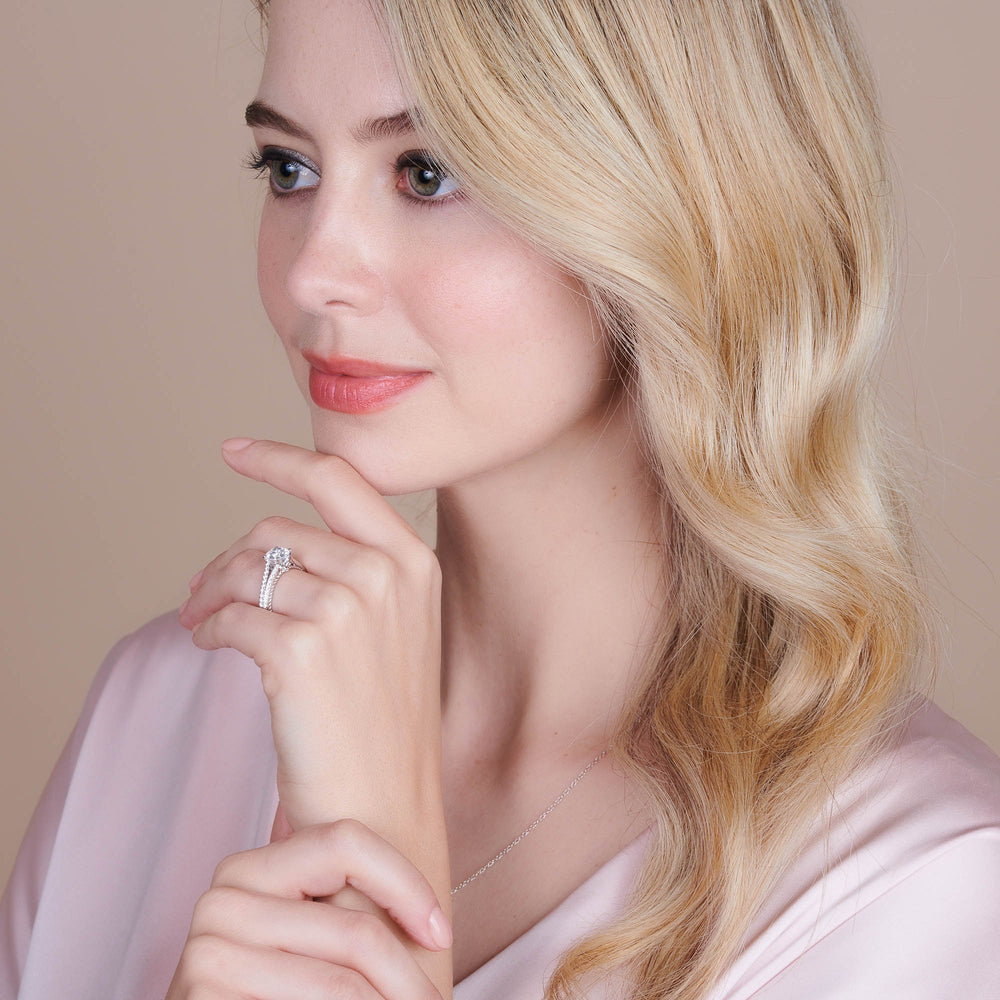 Model Wearing Split Shank Rope Hidden Accent Engagement Ring with Lab Grown Diamond view