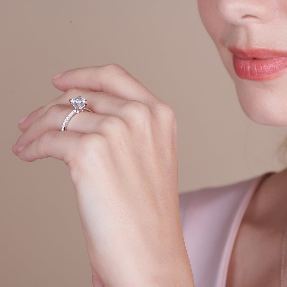 Model Wearing Hidden Heart Pave Engagement Ring with Lab Grown Diamond view