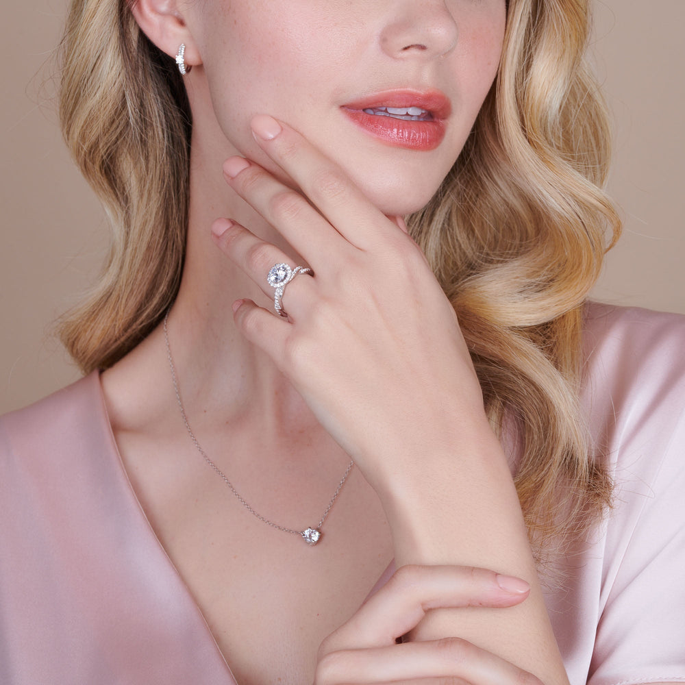 Model Wearing Twisted Vine Halo Engagement Ring with Lab Grown Diamond view