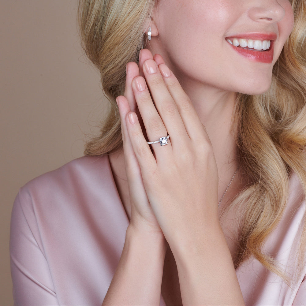 Model Wearing Fine Line Pave Engagement Ring view