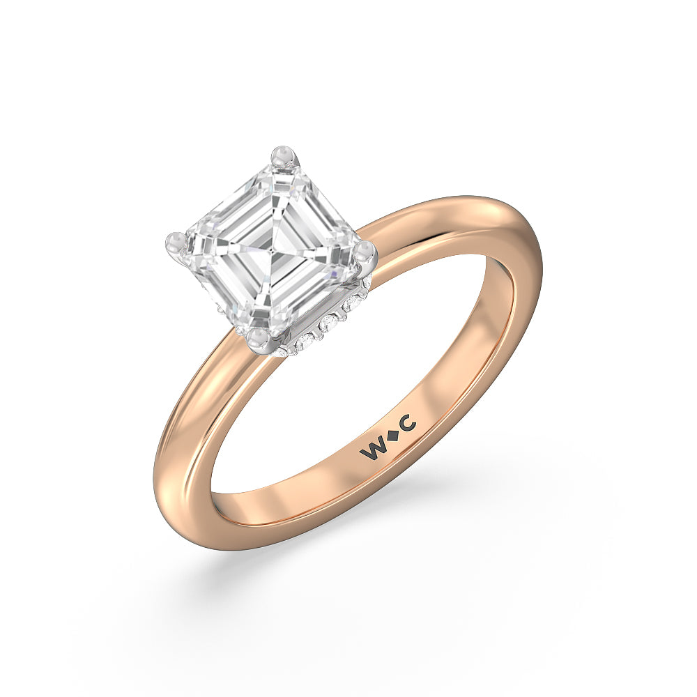 Modern Fine Line Hidden Halo Engagement Ring with Asscher Cut Diamond in 14KT White & Rose Gold view 3
