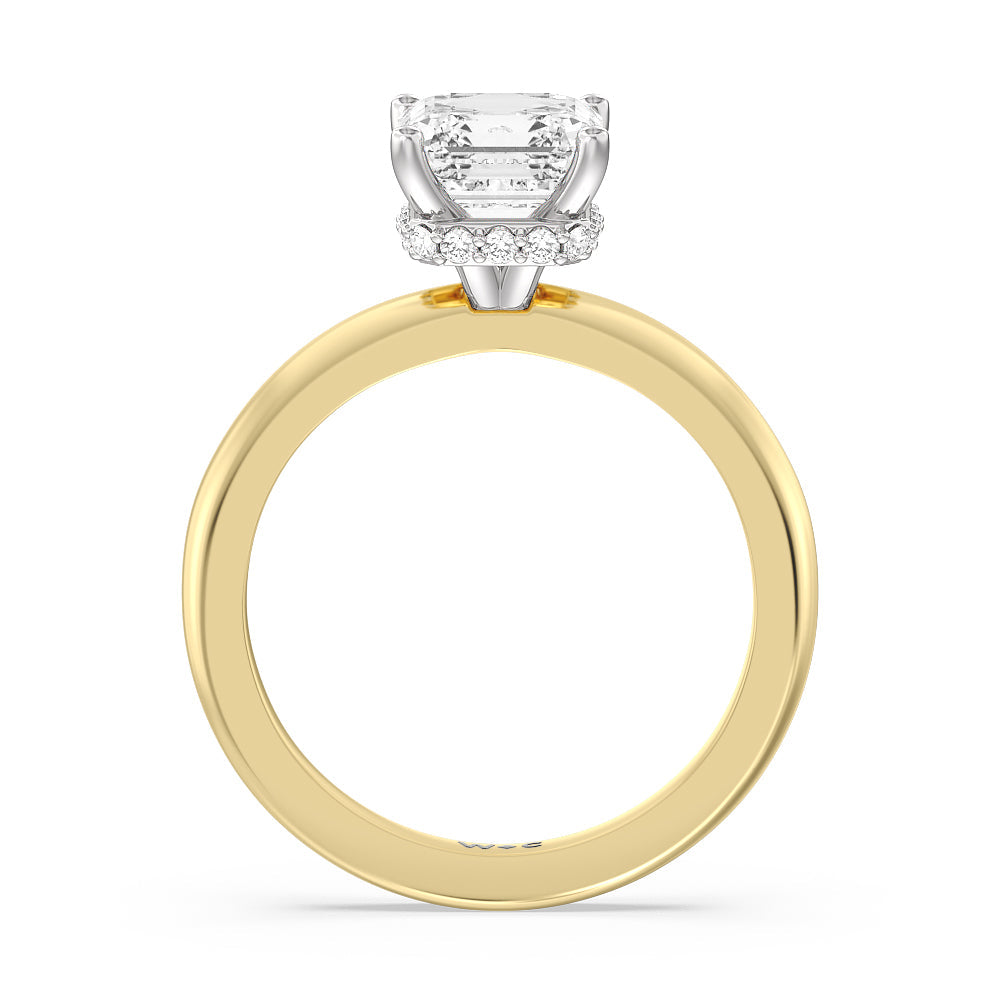 Modern Fine Line Hidden Halo Engagement Ring with Asscher Cut Diamond in 14KT White & Yellow Gold view 2
