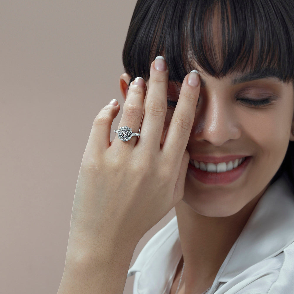 Model Wearing Hydrangea Bloom Halo Engagement Ring view