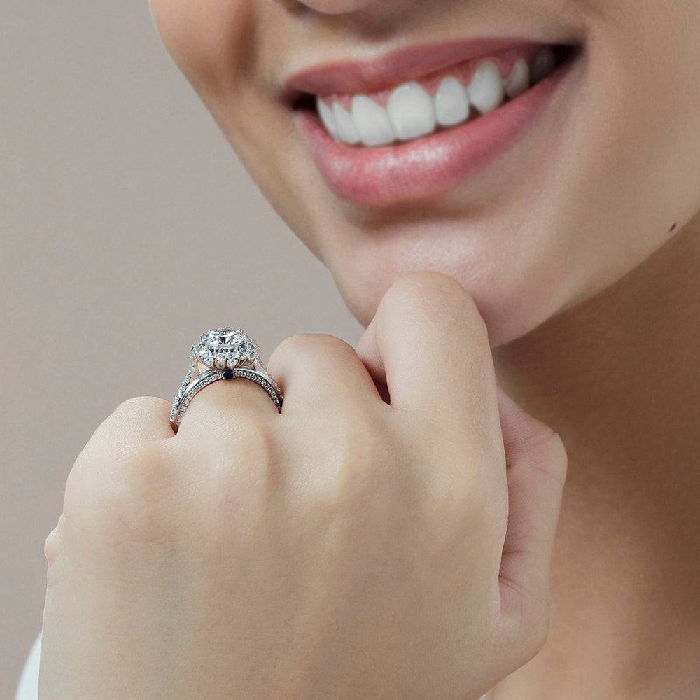 Model Wearing Hydrangea Bloom Halo Engagement Ring view
