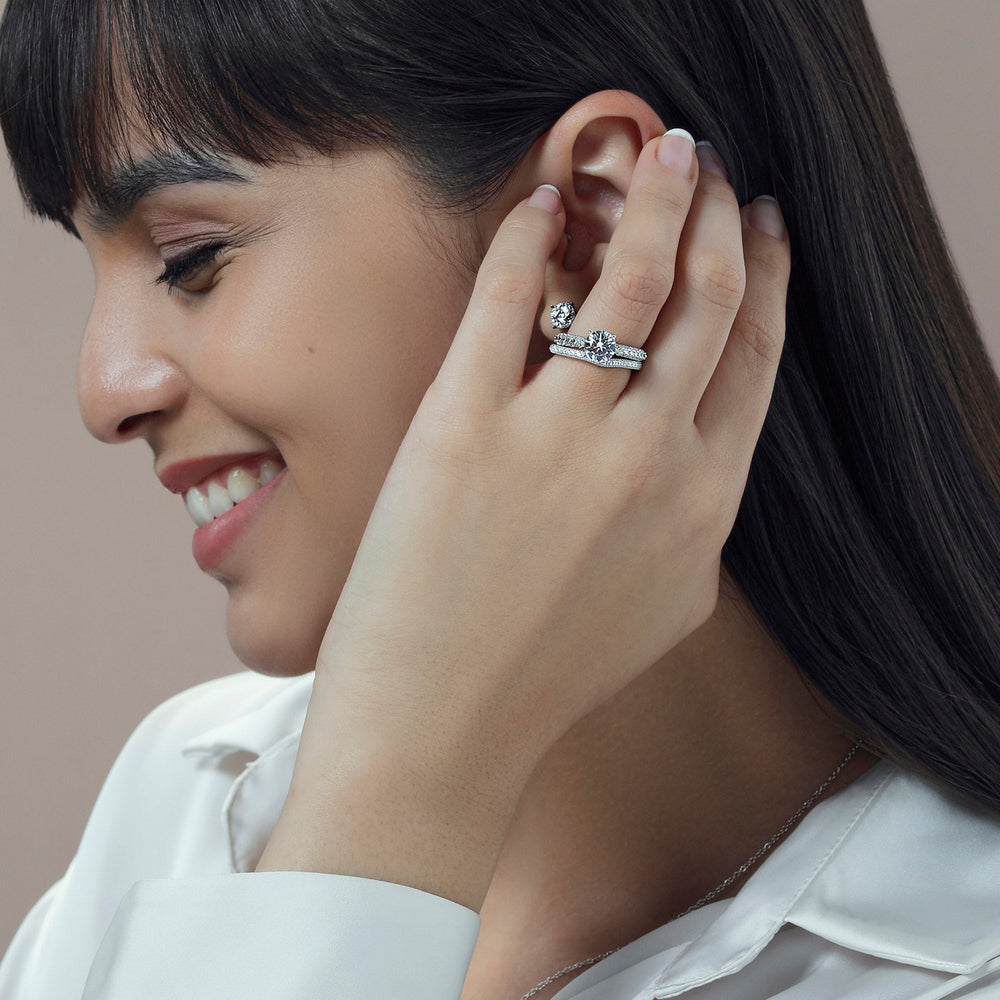 Model Wearing Orchid Knife Edge Engagement Ring view