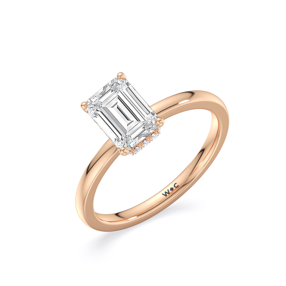 Modern Fine Line High Hidden Halo Solitaire Ring with Emerald Cut Diamond in 14KT Rose Gold view 3

