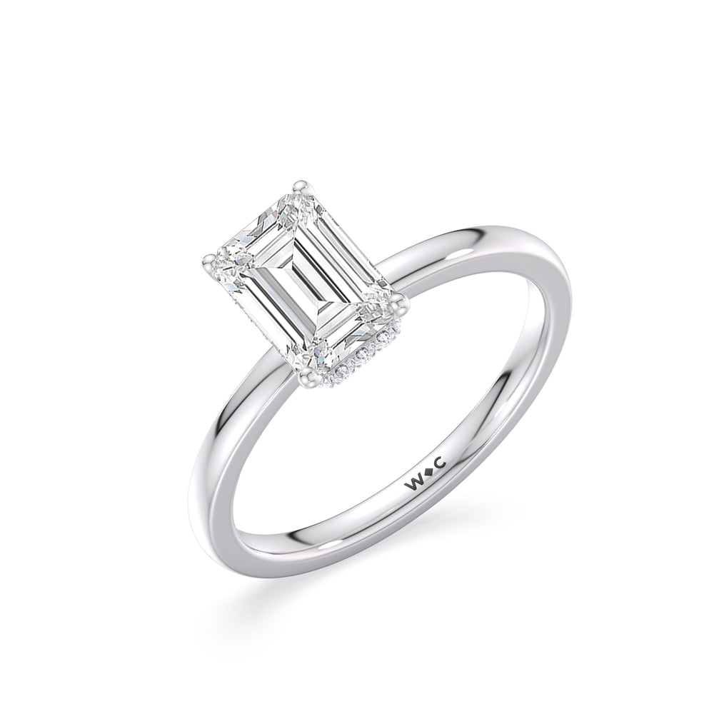 Modern Fine Line High Hidden Halo Solitaire Ring with Emerald Cut Diamond in 14KT Platinum view 3
