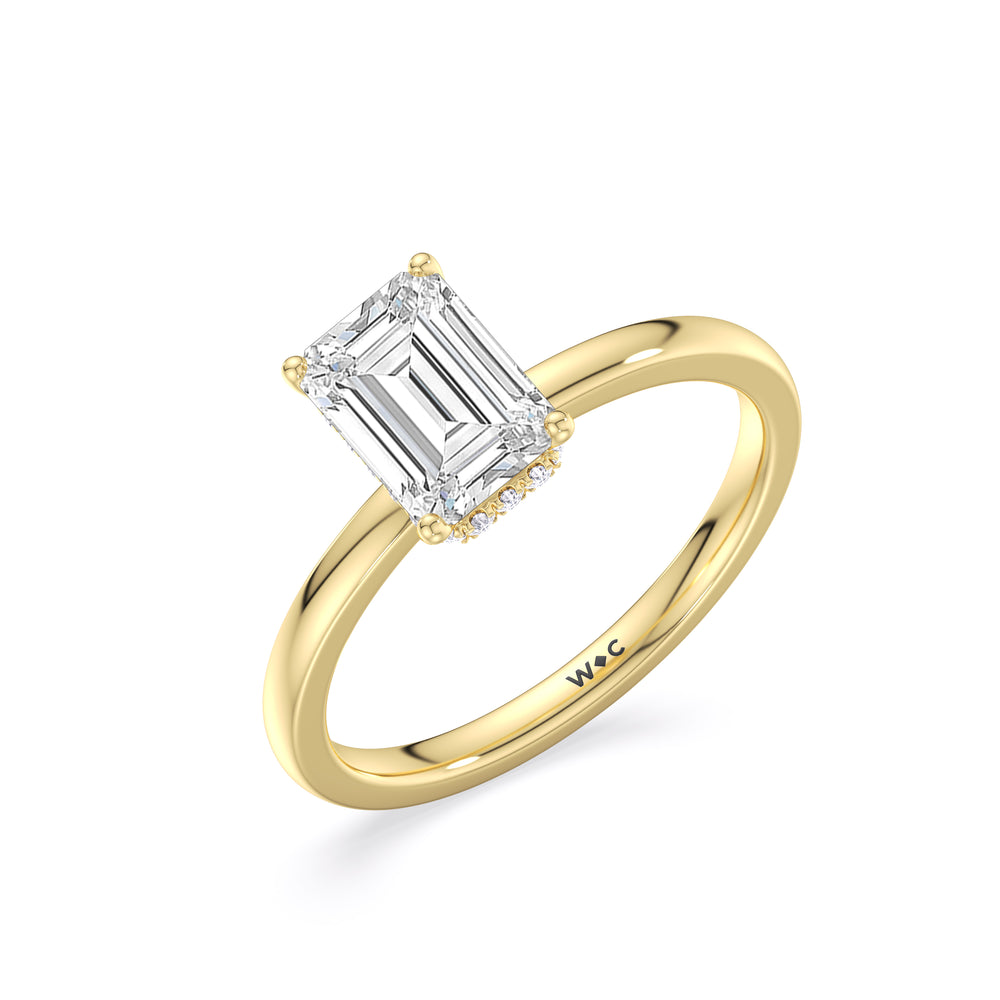 Modern Fine Line High Hidden Halo Solitaire Ring with Emerald Cut Diamond in 14KT Yellow Gold view 3
