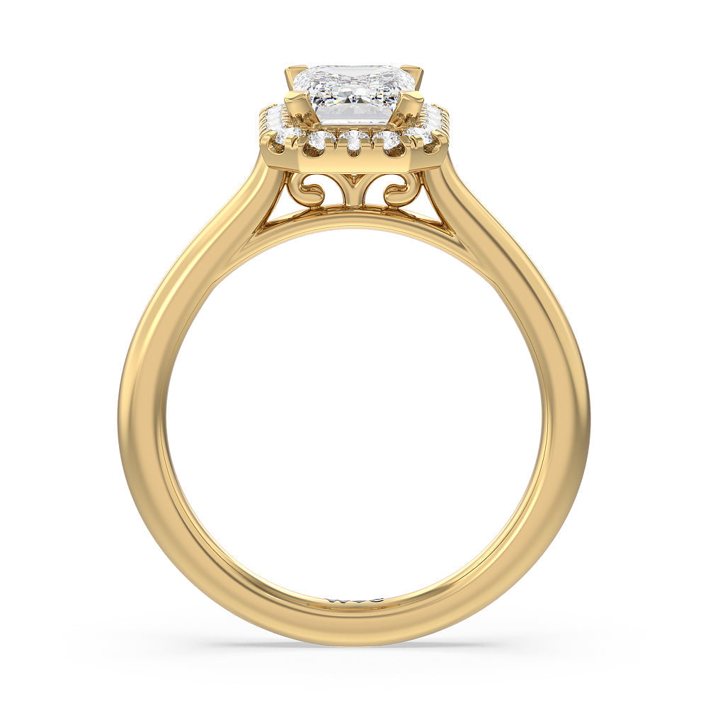 Cathedral Halo Engagement Ring with Emerald Cut Diamond in 14KT Yellow Gold view 2
