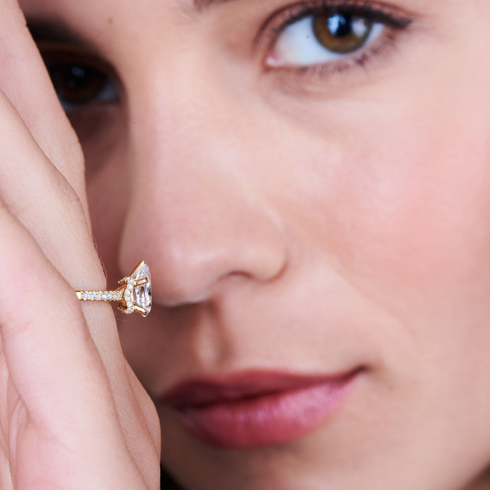 Model Wearing Arc Hidden Halo Engagement Ring  (E+ VVS+) with Lab Grown Diamond view