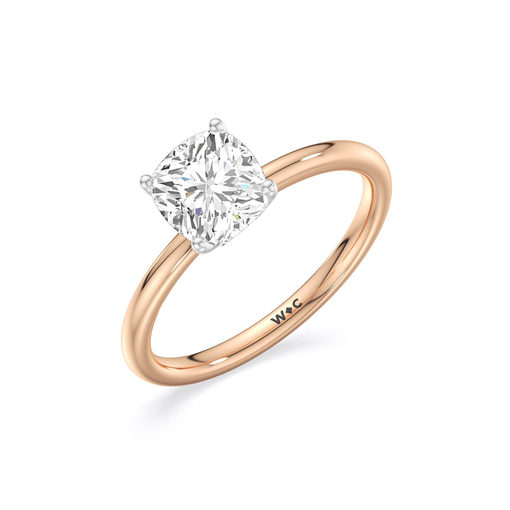 Classic Four Prong Petite Comfort Fit Solitaire Engagement Ring with Cushion Cut Diamond in 14KT White & Rose Gold view 3
