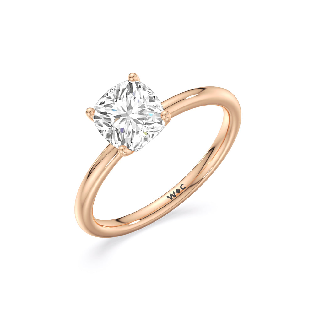 Classic Four Prong Petite Comfort Fit Solitaire Engagement Ring with Cushion Cut Diamond in 14KT Rose Gold view 3
