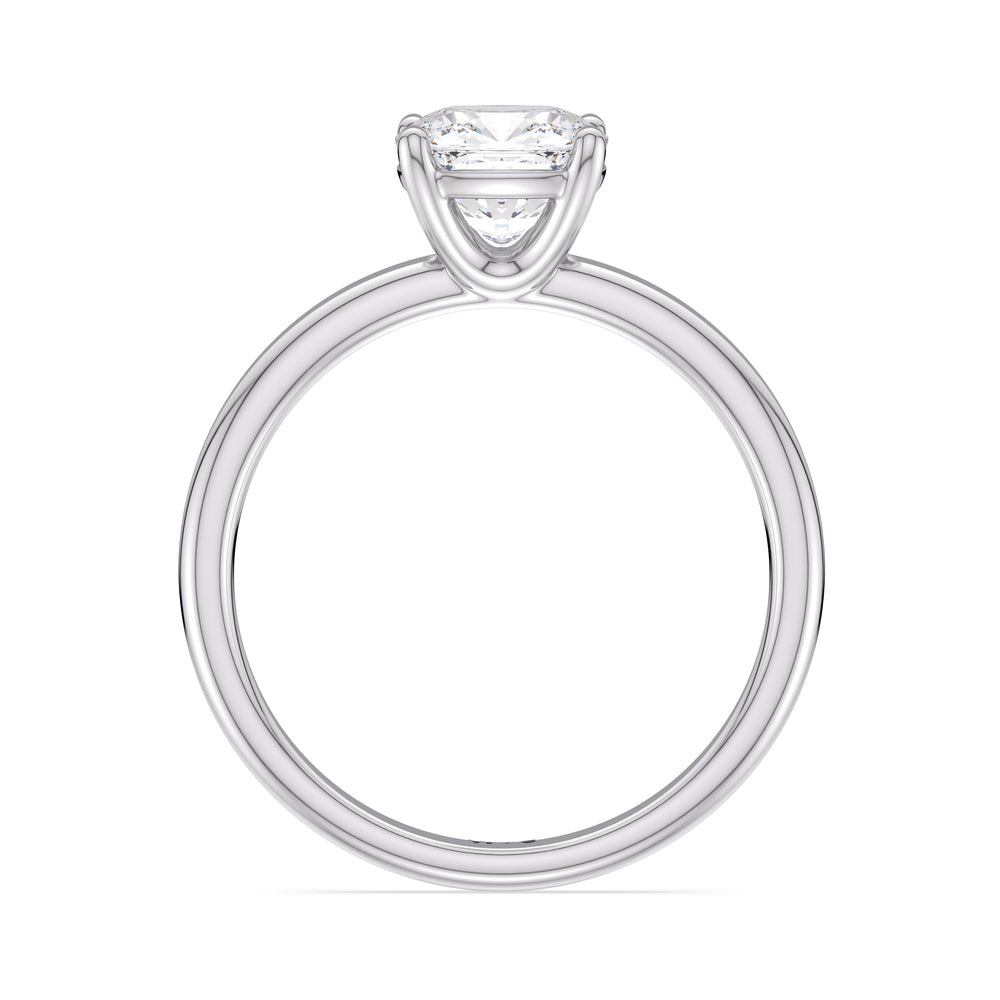 Classic Four Prong Petite Comfort Fit Solitaire Engagement Ring with Cushion Cut Diamond in 14KT Platinum view 2
