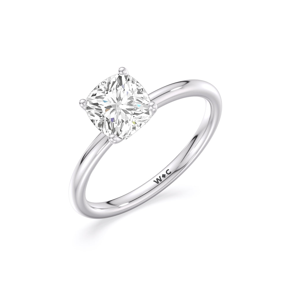 Classic Four Prong Petite Comfort Fit Solitaire Engagement Ring with Cushion Cut Diamond in 14KT Platinum view 3

