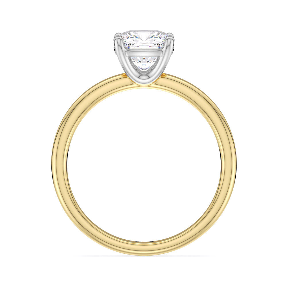 Classic Four Prong Petite Comfort Fit Solitaire Engagement Ring with Cushion Cut Diamond in 14KT White & Yellow Gold view 2
