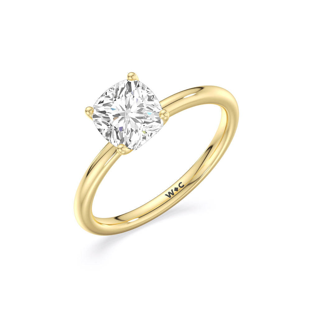 Classic Four Prong Petite Comfort Fit Solitaire Engagement Ring with Cushion Cut Diamond in 14KT Yellow Gold view 3
