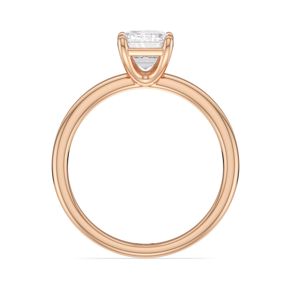 Classic Four Prong Petite Comfort Fit Solitaire Engagement Ring with Emerald Cut Diamond in 14KT Rose Gold view 3

