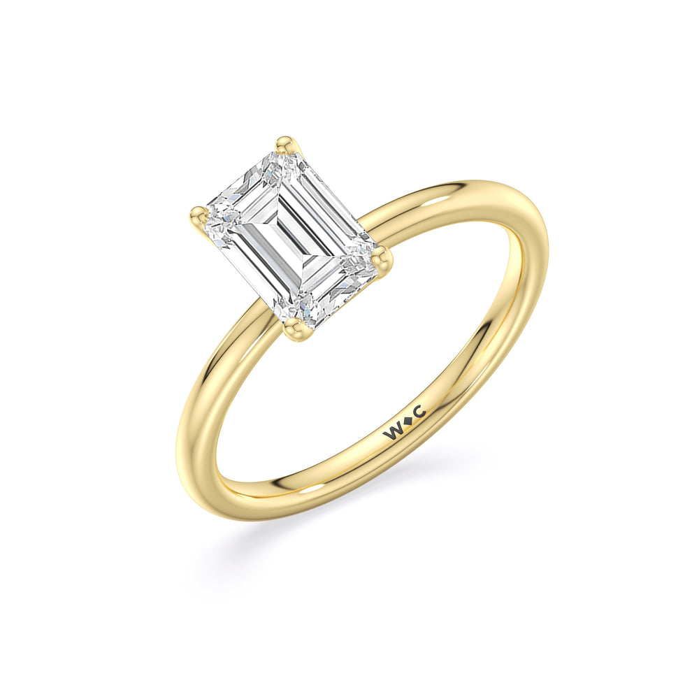 Classic Four Prong Petite Comfort Fit Solitaire Engagement Ring with Emerald Cut Diamond in 14KT Yellow Gold view 4
