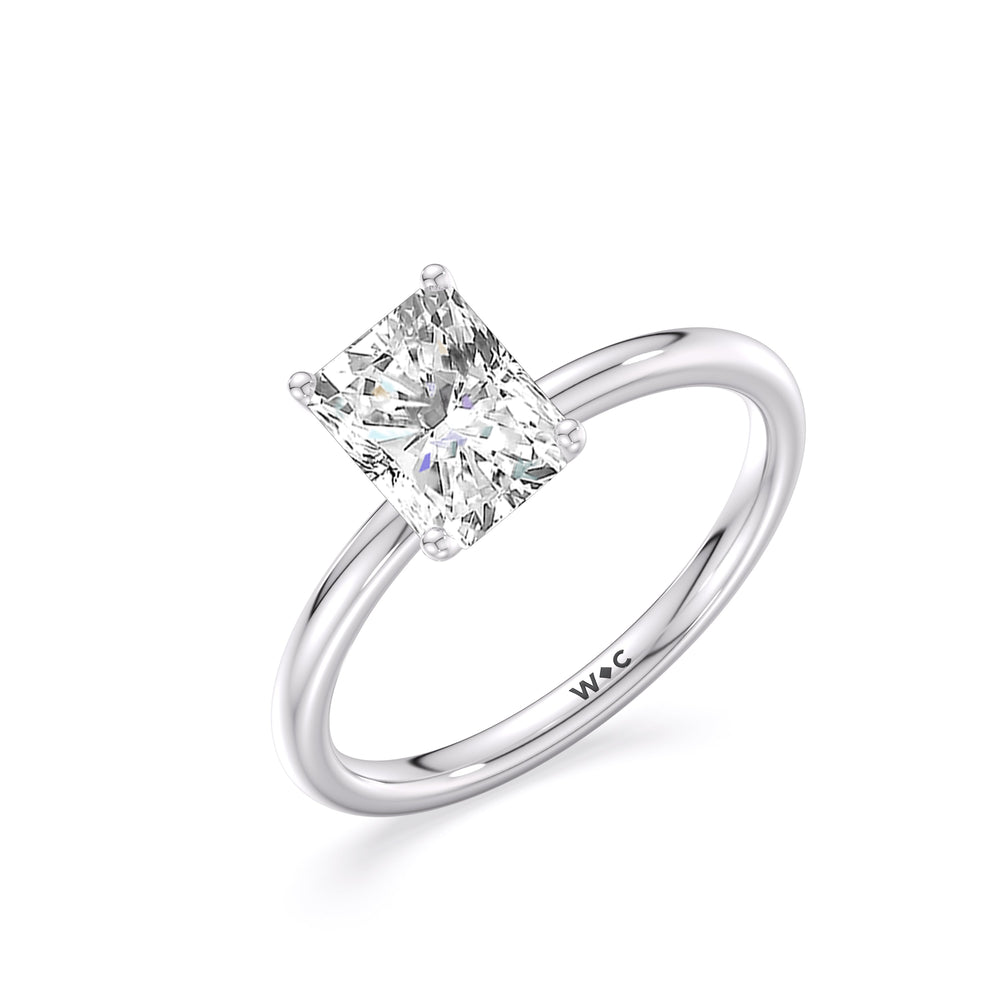 Classic Four Prong Petite Comfort Fit Solitaire Engagement Ring with Radiant Cut Diamond in 14KT Platinum view 3
