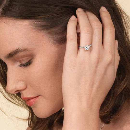 Model Wearing 2 1/2 cttw Round Cut Tulip Basket Cathedral Classic Solitaire Engagement Ring view